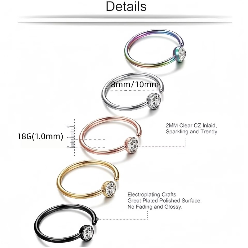 5 pièces, anneaux de nez 18G,  - Body Jewelry Surgical Steel avis et prix